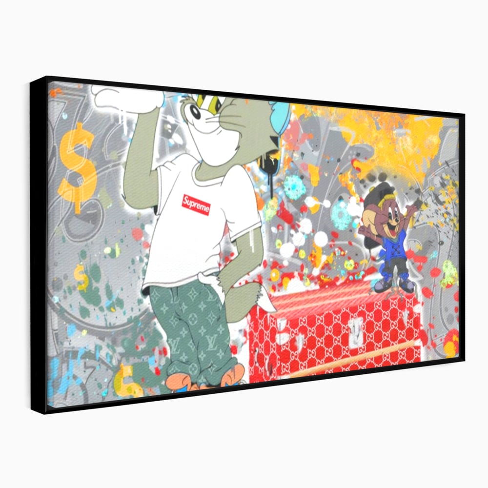 Tablou canvas cu tablou canvas cu tom si jerry, in rama de aluminiu negru